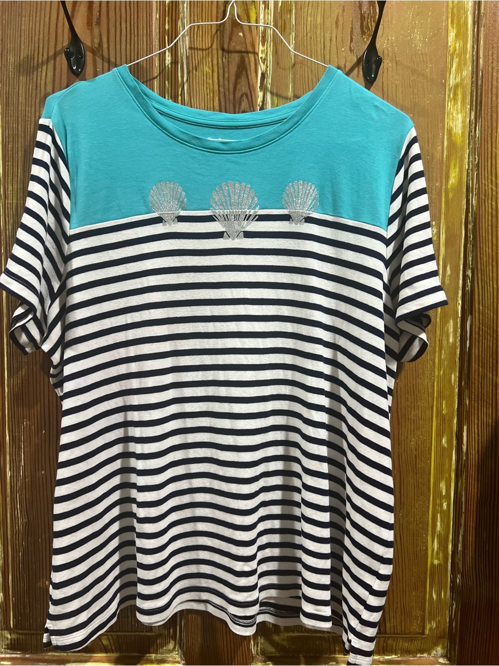 Kim Rogers Teal and Navy Striped Shell Accent Tee